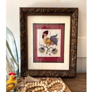 Vintage Framed Colorful Crewel Rooster Handmade Farmhouse Wall Art Country Decor